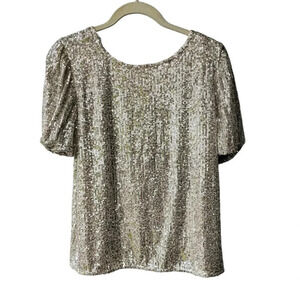 Luxology Women's Sequined Dressy Cream Colored Puffy Sleeve Blouse, M, NWT